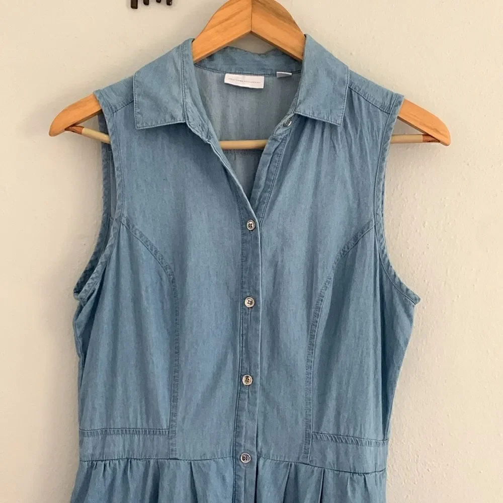 New York and Company chambray fit and flare sleeveless button down summer dress - Picture 2 of 9
